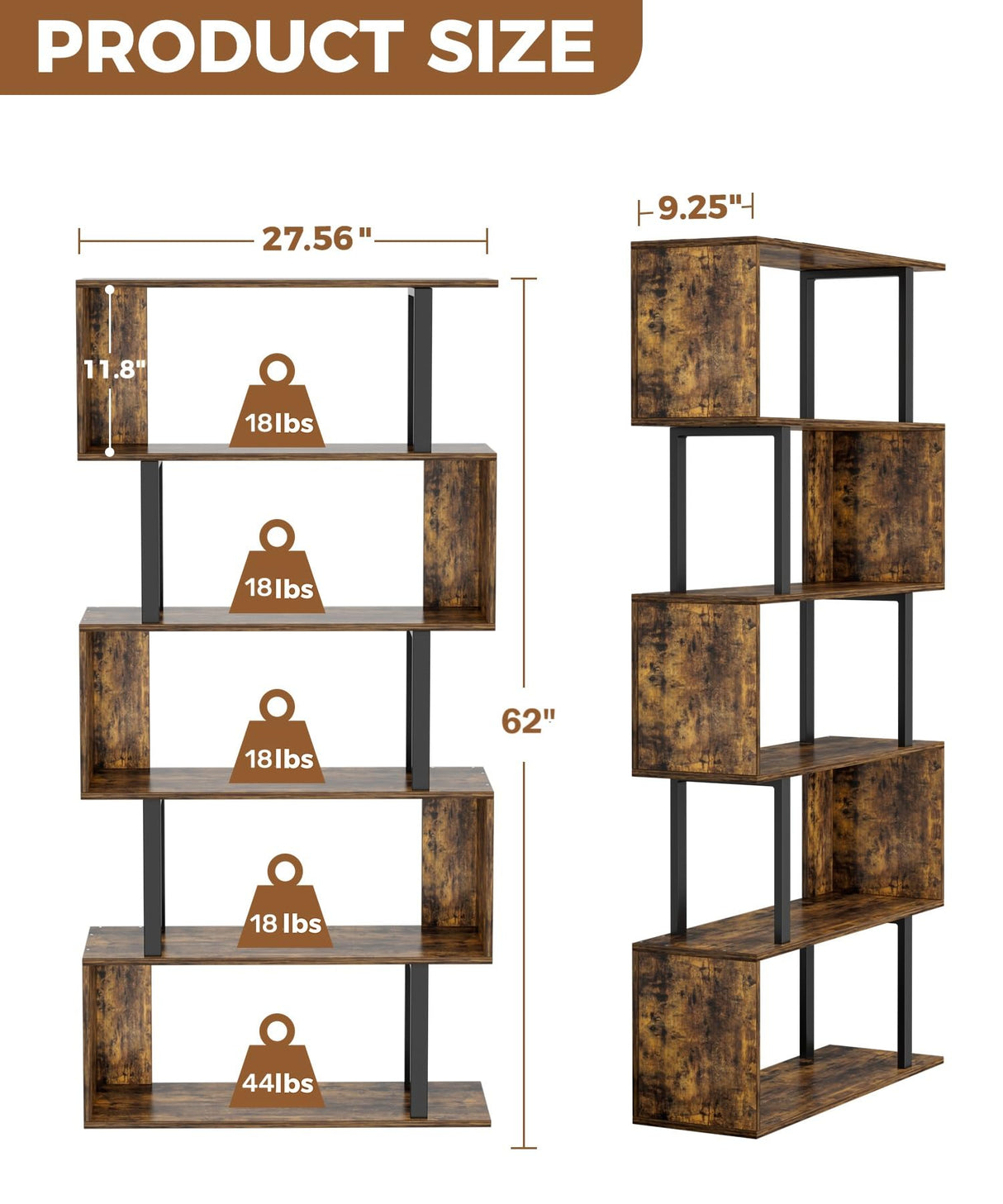 Gadroad 5-Tier Geometric Bookcase,S Shaped Bookshelf, Wood Decorative Storage Shelving, Modern Freestanding Display Shelves, Tall Book Shelf Unit for Living Room Bedroom, Rustic Brown Gadroad