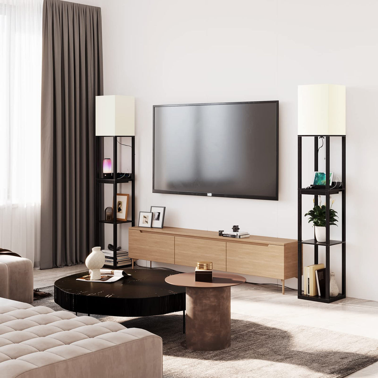 SUNMORY Floor Lamp with Shelves,Modern Dimmable Solid Wood Standing Lamp with 1 Drawer and 2 USB Ports & 2 Power Outlet,Corner Tall Bookshelf Lamp for Living Room and Bedroom(Black) SUNMORY