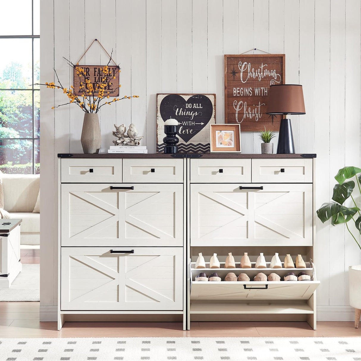 Barnyatoh Shoe Cabinet Storage for Entryway, Farmhouse Hidden Shoe Organizer with 2 Flip Drawers & 2 Drawers,Narrow Shoe Rack for Front Door Entrance with Adjustable Shelves (Antique White) Barnyatoh