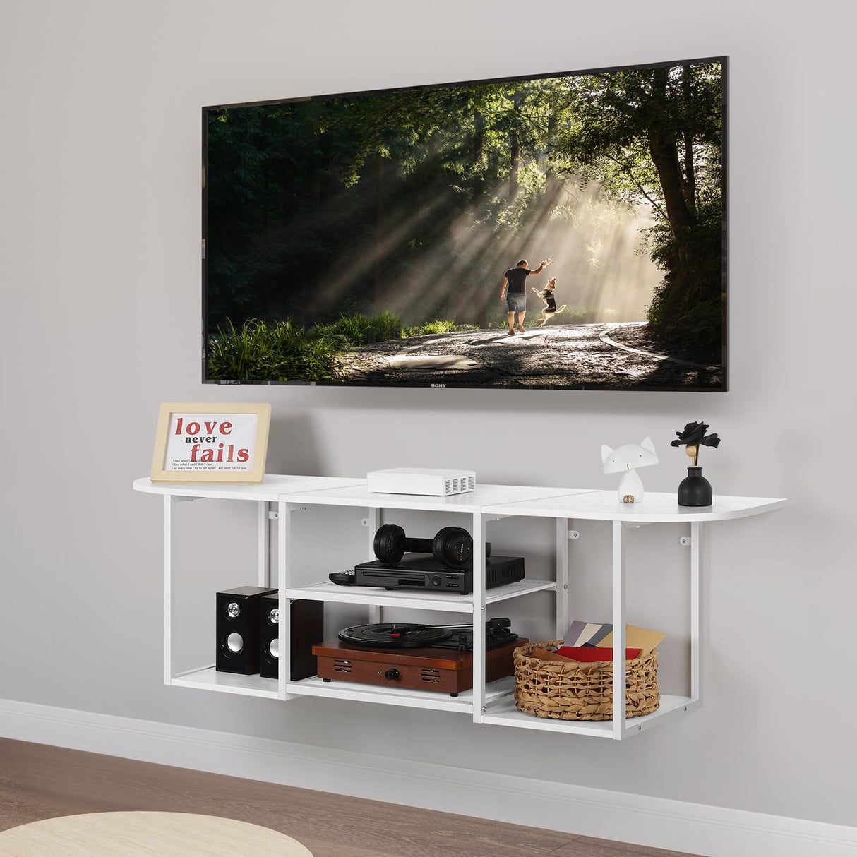BTY Floating TV Stand for 50" TV Wall Mounted Entertainment Center with 3 Tier Open Storage Shelf, Wooden Media Console for Living Room, Bedroom, Under TV Shelf, White BTY