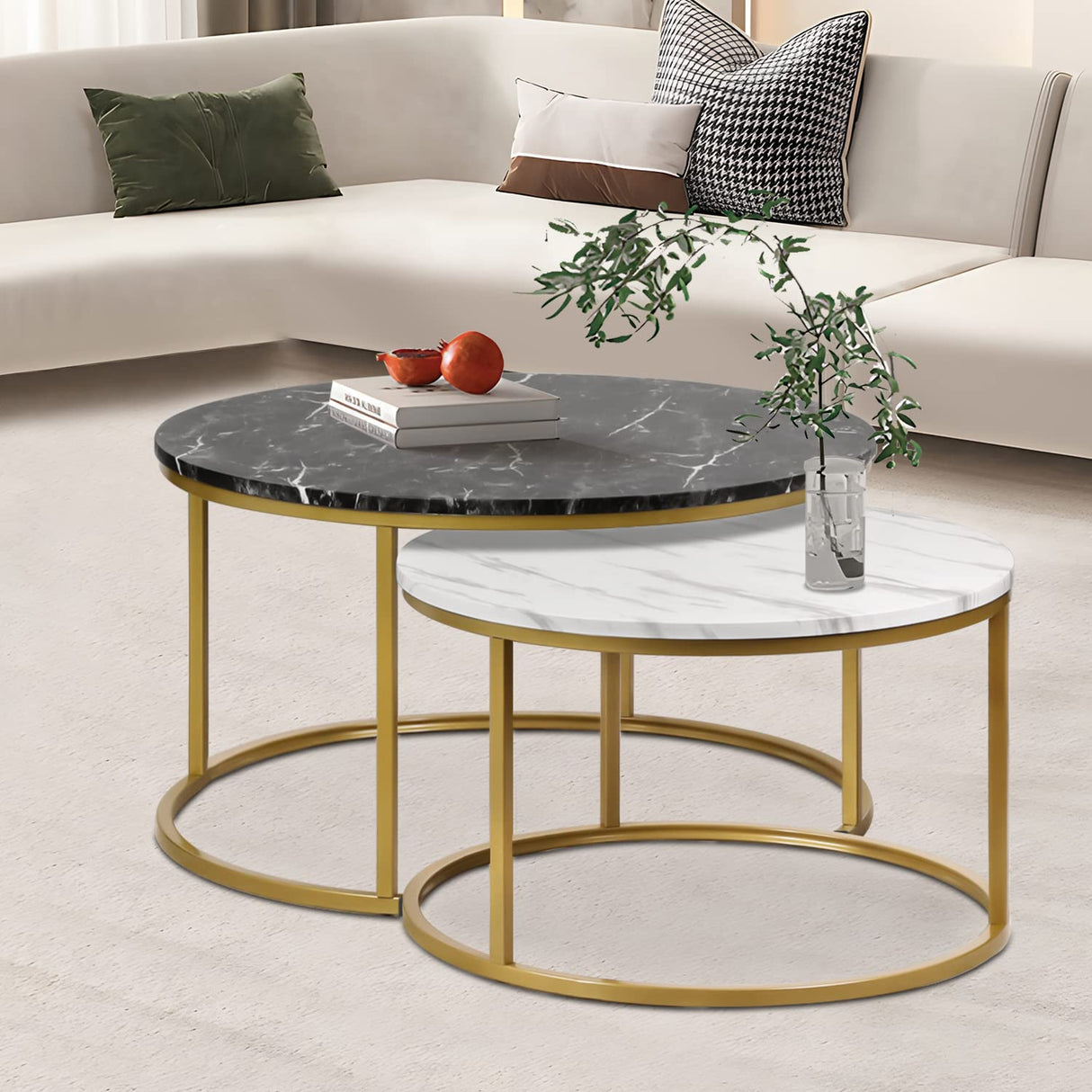 Magshion Nesting Coffee Table Set of 2, Coffee Table Round with Sturdy Metal Frame Marble Style End Table Side Tables Accent Tables for Living Room Office Small Spaces, Black & White Magshion