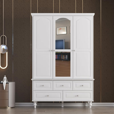 FUNISIR 3 Doors Bedroom Closet, Wood Armoire with Mirror, Clothes Hanging Rail, 4 Storage Shelves and 5 Drawers, 47" Wide Bedroom Storage Unit Wardrobe, Traditional White(70.9" H)