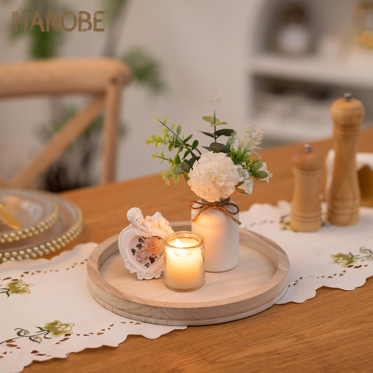 Hanobe Round Wood Candle Tray: Rustic Wooden Candle Holder Natural Pillar Stand Farmhouse Tea Light Plate Base for Living Room Coffee Table Centerpiece for Kitchen Counter Bathroom Home Decor,11.8" Hanobe