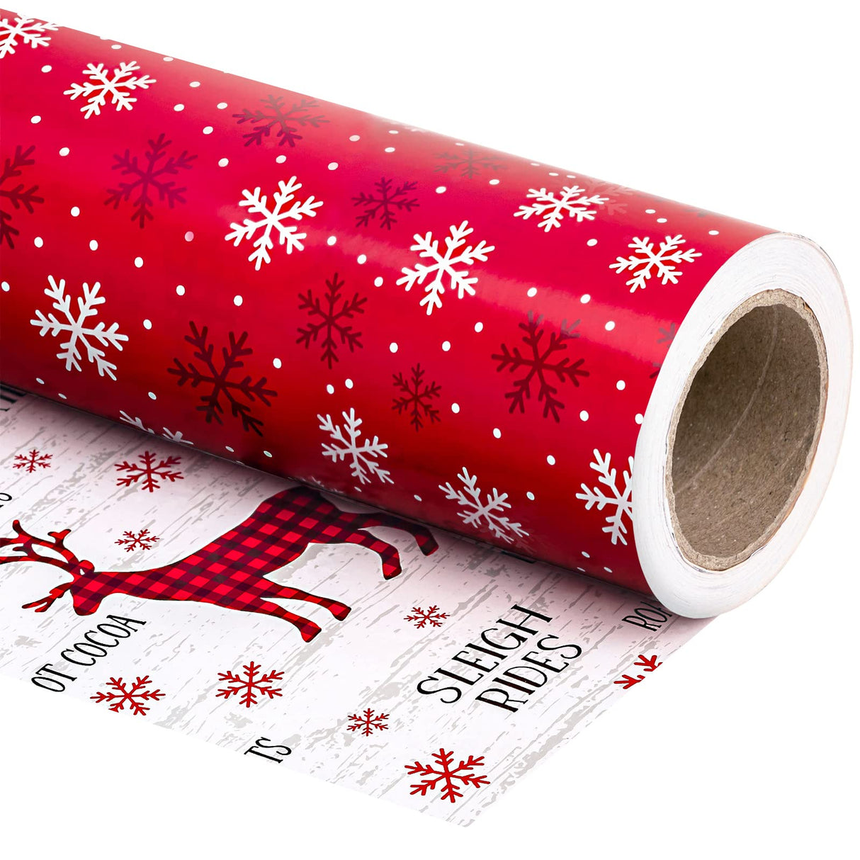 WRAPAHOLIC Reversible Christmas Wrapping Paper Roll - Mini Roll - 17 Inch x 33 Feet - Red White Reindeer and Snowflake Wrapping Paper for Christmas, Holiday, Party WRAPAHOLIC