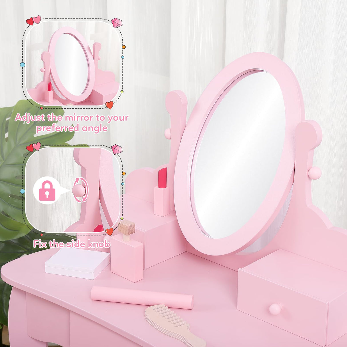 GarveeHome Kids' Vanity Set with Mirror, Makeup Table and Stool for Girls, Vanity Desk and Chair with Wood Makeup Playset for 4-9 Girls, Pink GarveeHome