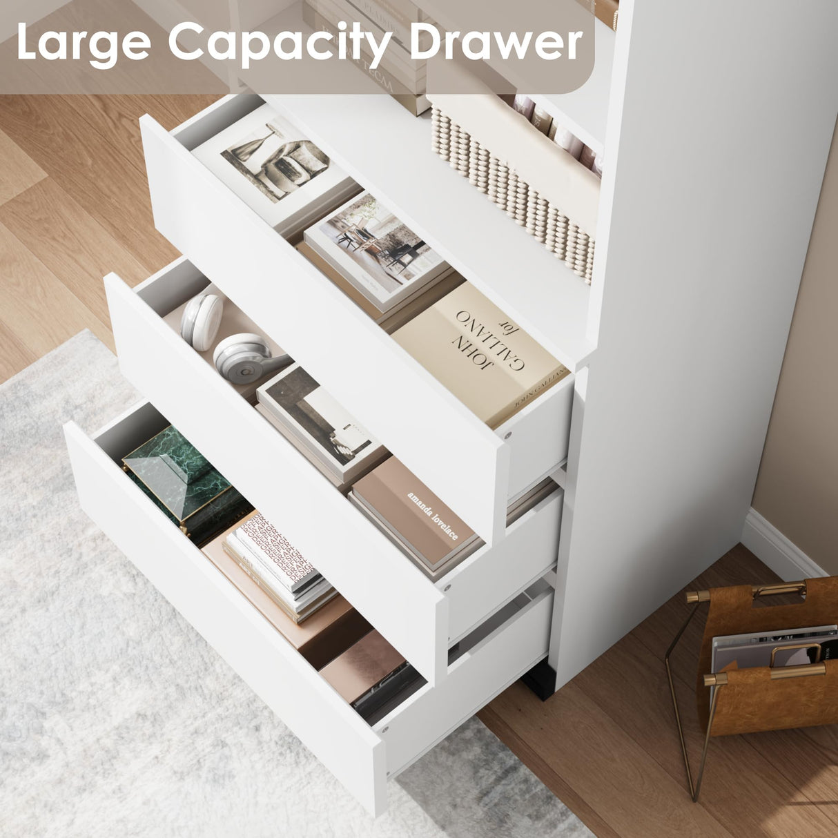 GarveeHome 70 Inches Bookcase with Drawers, Tall Bookshelf Farmhouse Bookcases Wooden Deep Bookshelves Storage Cabinet Organizer for Living Room, Study, Kitchen, Home Office GarveeHome