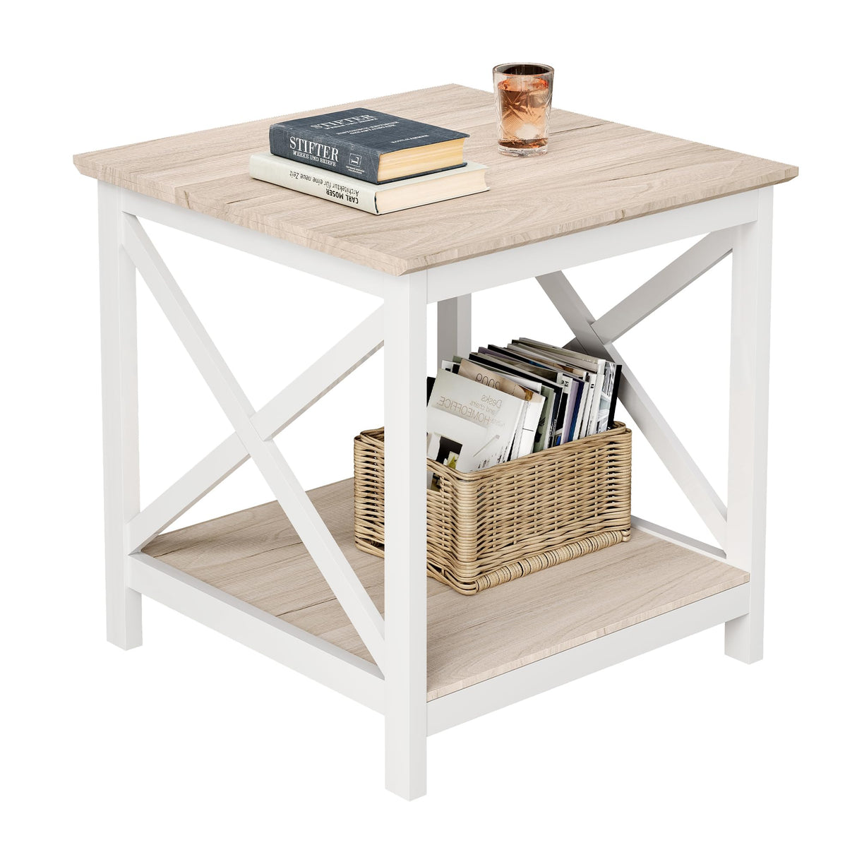 ChooChoo End Table, 24 Inch End Table with 2-Tier Storage Shelf, Side Table for Living Room, Wood Nightstand for Bedroom, Office, Oak ChooChoo