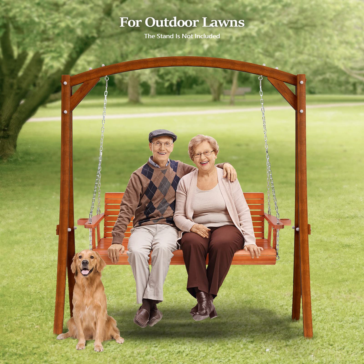 VINGLI Heavy Duty 880 LBS Patio Porch Swing Outdoor with Cup Holder, Hanging Chair with Adjustable Secure Chains, Pine Wood Outdoor Bench Tree Swing for Yard | Garden | Lawn | Balcony (5 FT, Brown) VINGLI