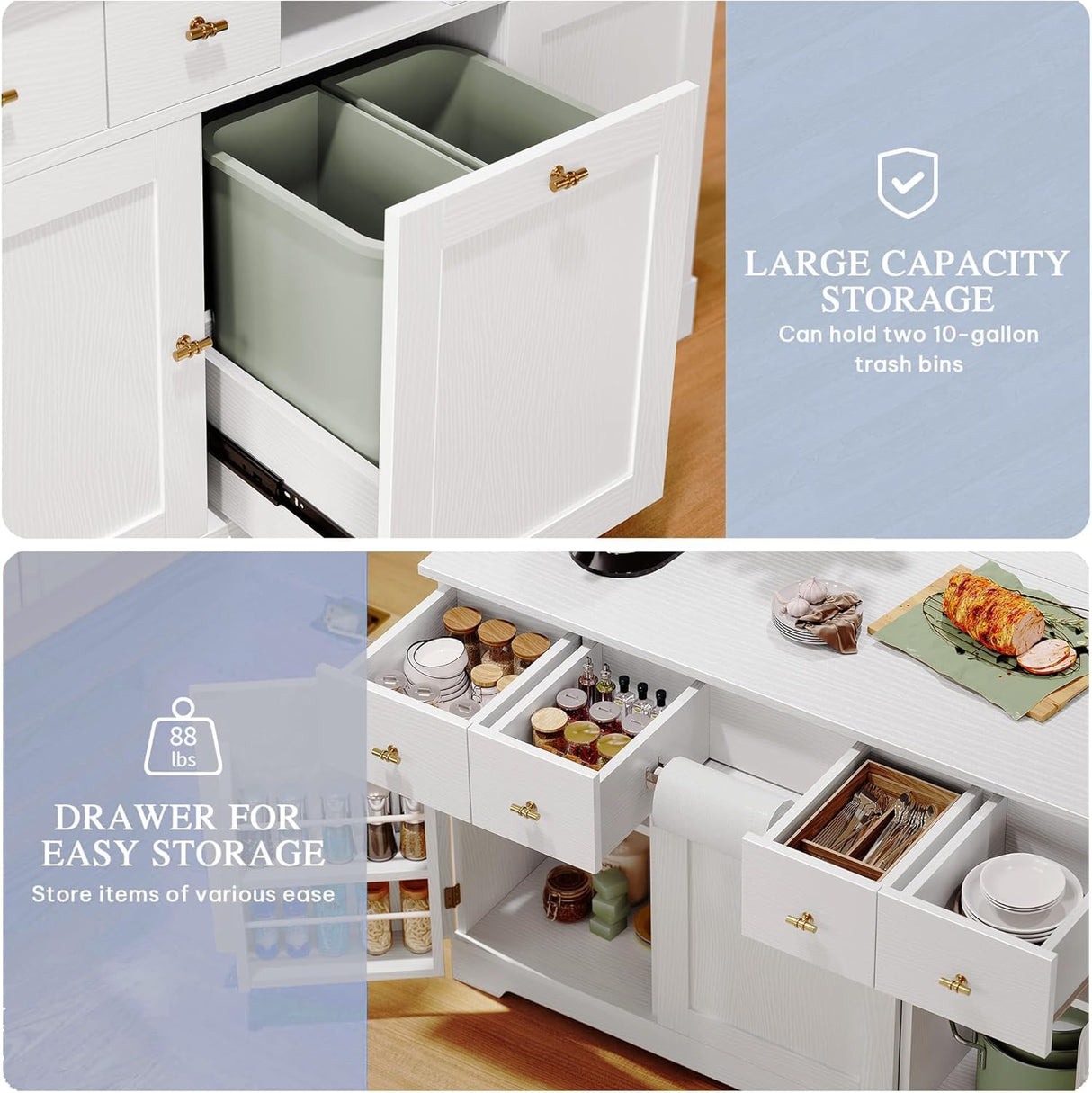 DWVO Kitchen Island with Drop Leaf, 59" Large Mobile Storage Islands with Power Outlet, Double Pull-Out Trash Can Cabinets Fits 10-Gal Garbage Bin, Rolling Kitchen Cart with Spice & Towel Rack, White DWVO