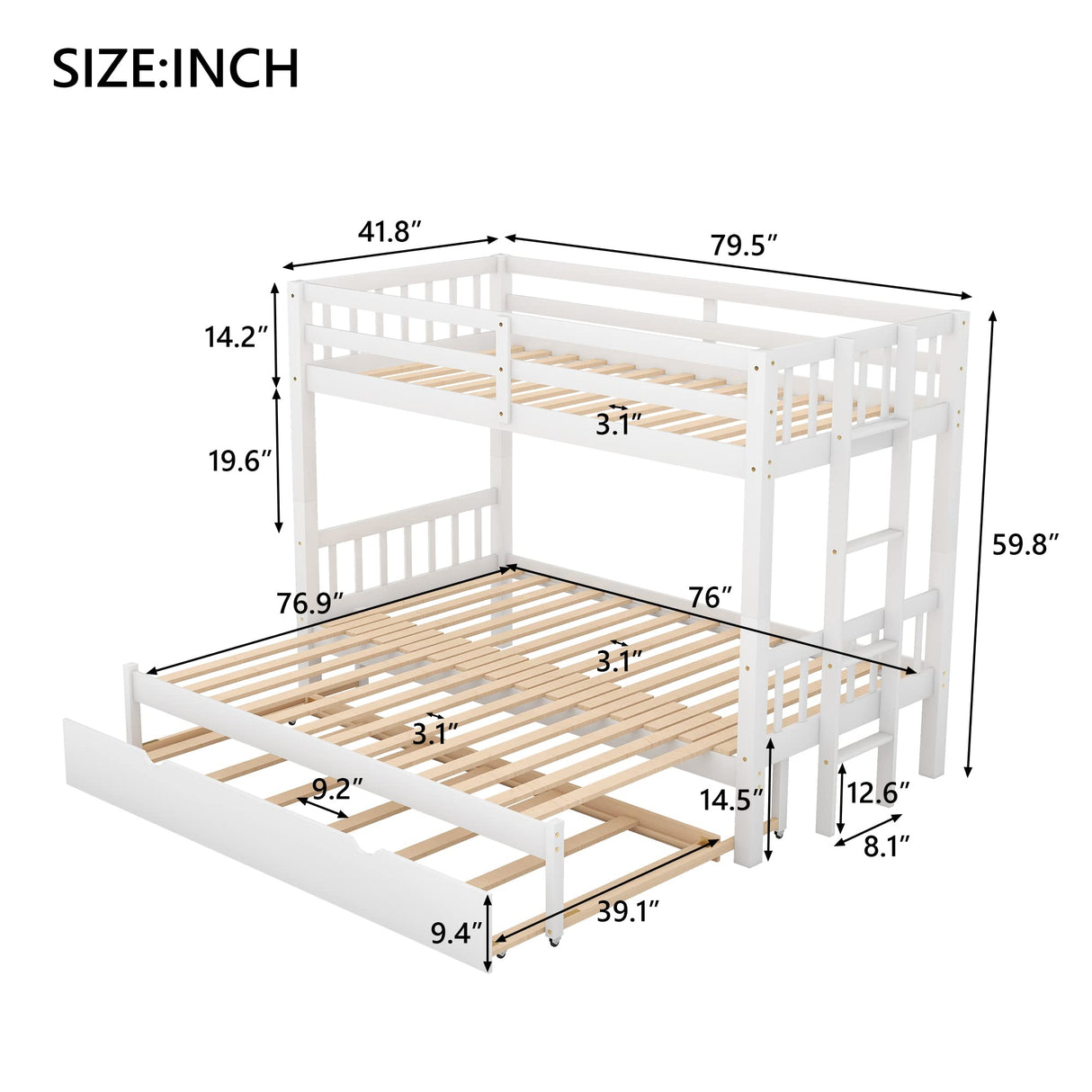 EMKK Twin Over Pull-Out Bunk Bed with Trundle - Space-Saving Wooden Bed for 4, White EMKK
