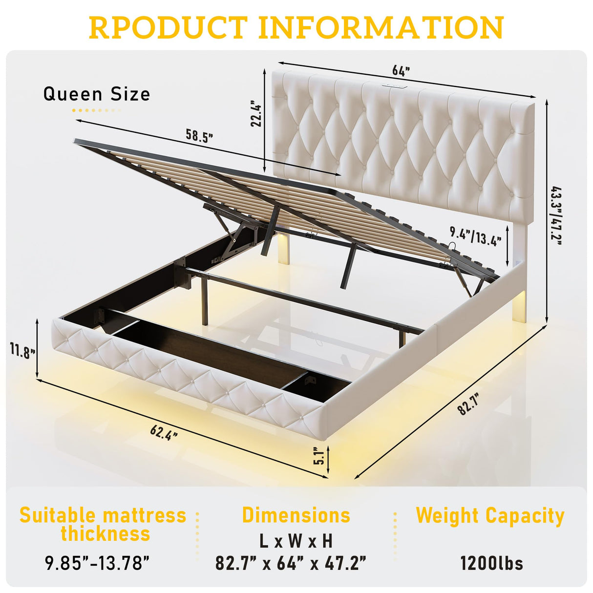 Lift Up Storage Bed Frame Queen Size Floating Bed Frame with Adjustable Headboard/LED Lights/Charging Station/Outlet,Velvet Upholstered Tufted Platform Bed Frame/Wooden Slat/No Box Spring Needed,White QPLZF