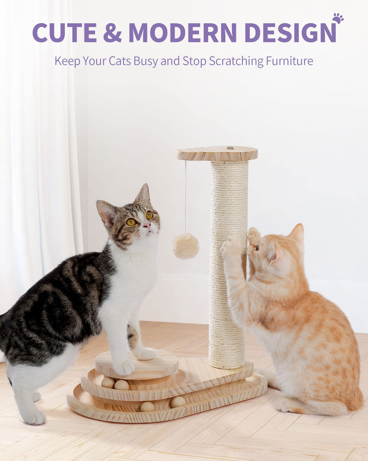 Made4Pets Cat Scratching Post Cat Scratcher Kitten Toys for Indoor Cats Wooden Ball Track Two-Layer Modern Sisal 17.7" Tall Scratch Post Interactive Toy with Dangling Ball MADE 4 PETS