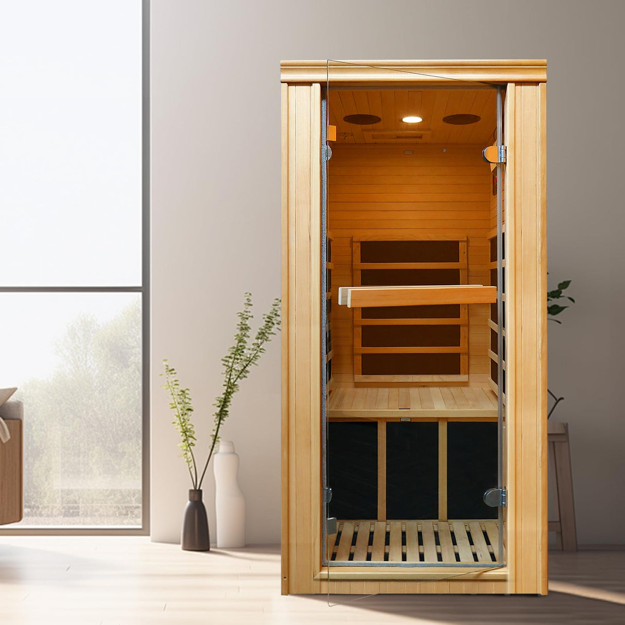 Infrared Sauna for Home Sauna Room Dry Sauna for Home 980W Indoor Sauna for Single Person Hemlock Wood Sauna with 110V Heaters Panels 1 Person Low EMF Far Infrared Sauna with LCD Control in Home Sauna HOSAUNA