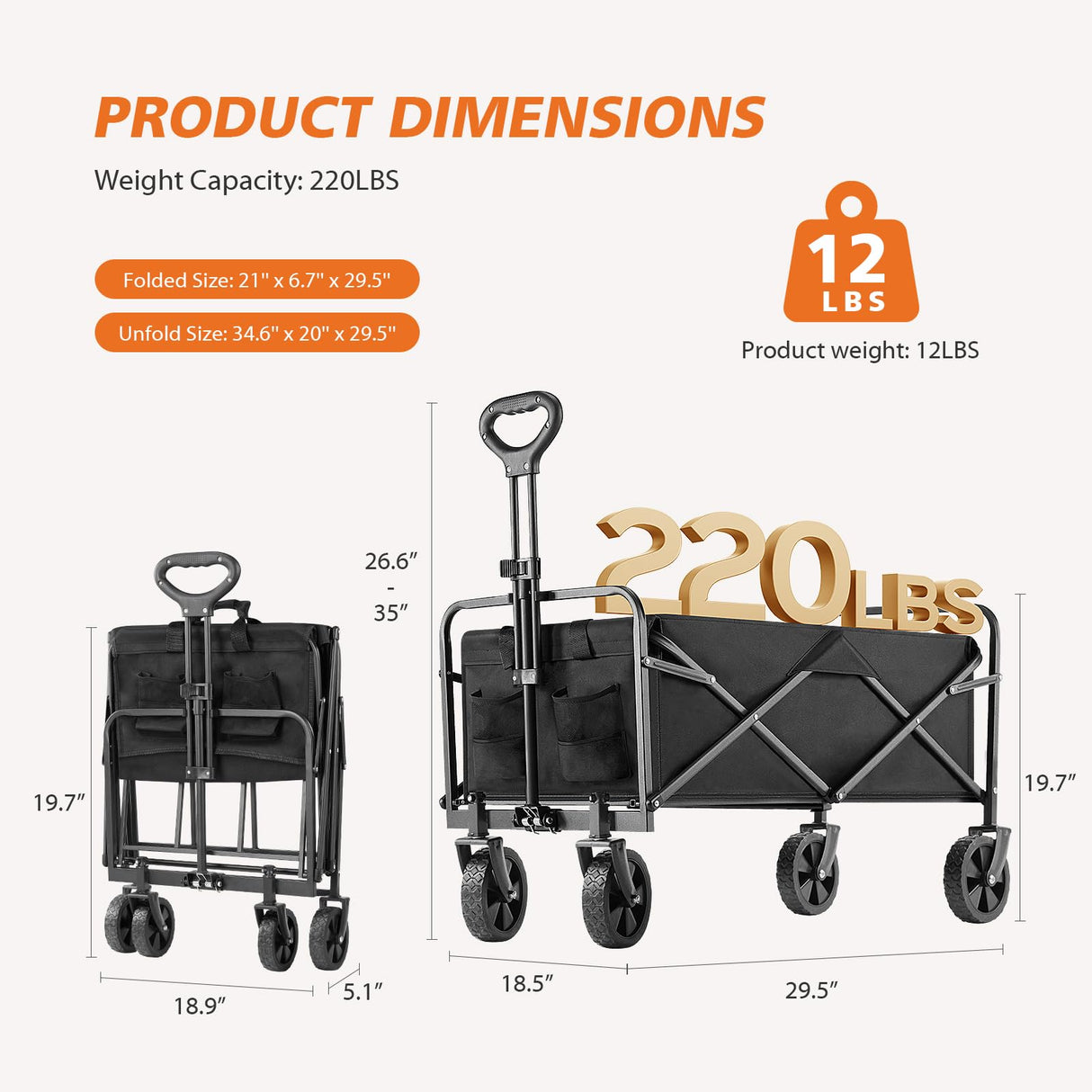 Sweetcrispy Collapsible Foldable Wagon Cart, Large Capacity Garden Beach Cart with All-Terrain Wheels, Heavy Duty Utility Grocery Wagon with Drink Holders for Shopping Sports Camping - 30IN Black Sweetcrispy