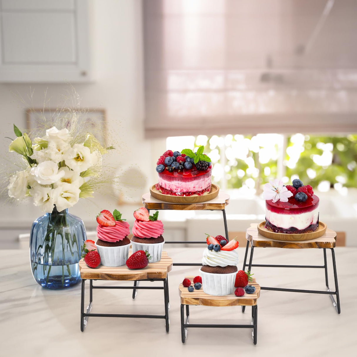 ZENFUN 4 Piece Wood Buffet Risers, Dessert Table Risers Food Display Riser, Pizza Pan Riser, Cupcake Stand & Wood Display Risers, Nesting Food Platter and Plate Holder ZENFUN