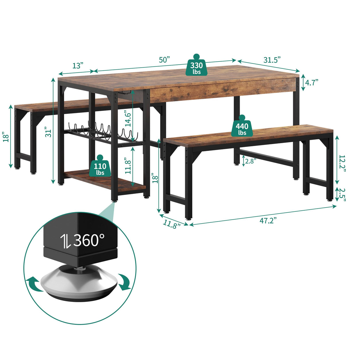 YITAHOME 63" 3 Piece Kitchen Dining Room Table Set for 4 w Bench & Storage, Farmhouse Rectangle Dinette Sets w Wine & Glass Holder 4 Seater, Space Saving for Apartment Dinner Breakfast, Rustic Brown YITAHOME