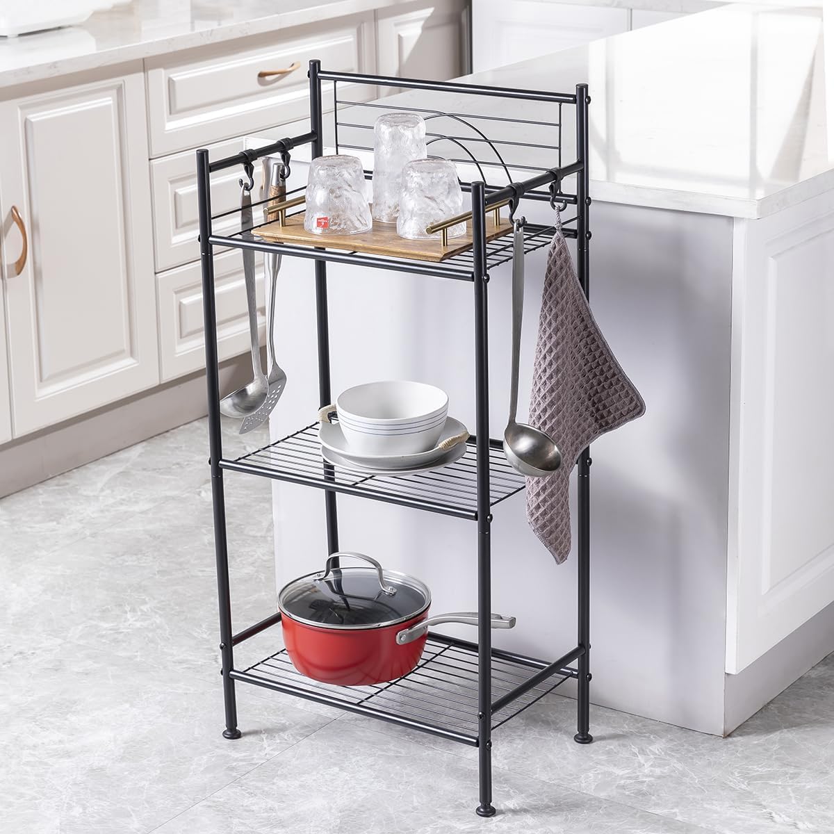 L&H UNICO 3-Tier Free Standing Wire Rack Durable Metal Shelving Storage Unit with Adjustable Feet 4-Hook for Bathroom Laundry Kitchen Office, Black L&H UNICO