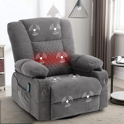 Swivel Rocker Recliner Chair for Adults with Vibration Massage, Overstuffed Soft Fabric Recliner with Lumbar Heat, Modern Manual Rocking Recliner with Cup Holders, for Living Room, Home Theater, Grey