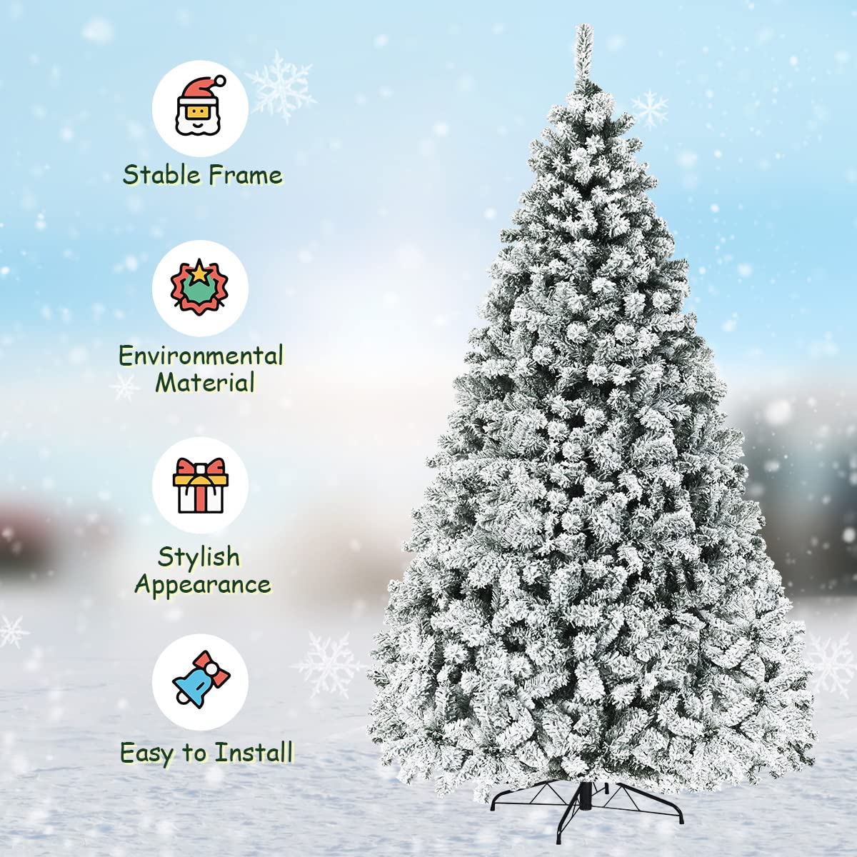 Nightcore 9FT Pre-Lit Artificial Christmas Tree, Snow Flocked Hinged Pine Tree w/ 1498 Branches Tips & 550 LED Lights, Portable Metal Base, Perfect Xmas Decoration for Home Office Party (9 ft Green) WoodArtSupply