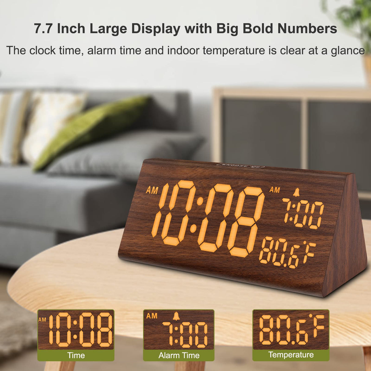 DreamSky Wooden Digital Alarm Clock for Bedroom - 7.7" Electric Clocks with USB Port, Large Numbers, Temperature, 0-100% Brightness Dimmer, Adjustable Alarm Volume, Snooze, 12/24H DreamSky