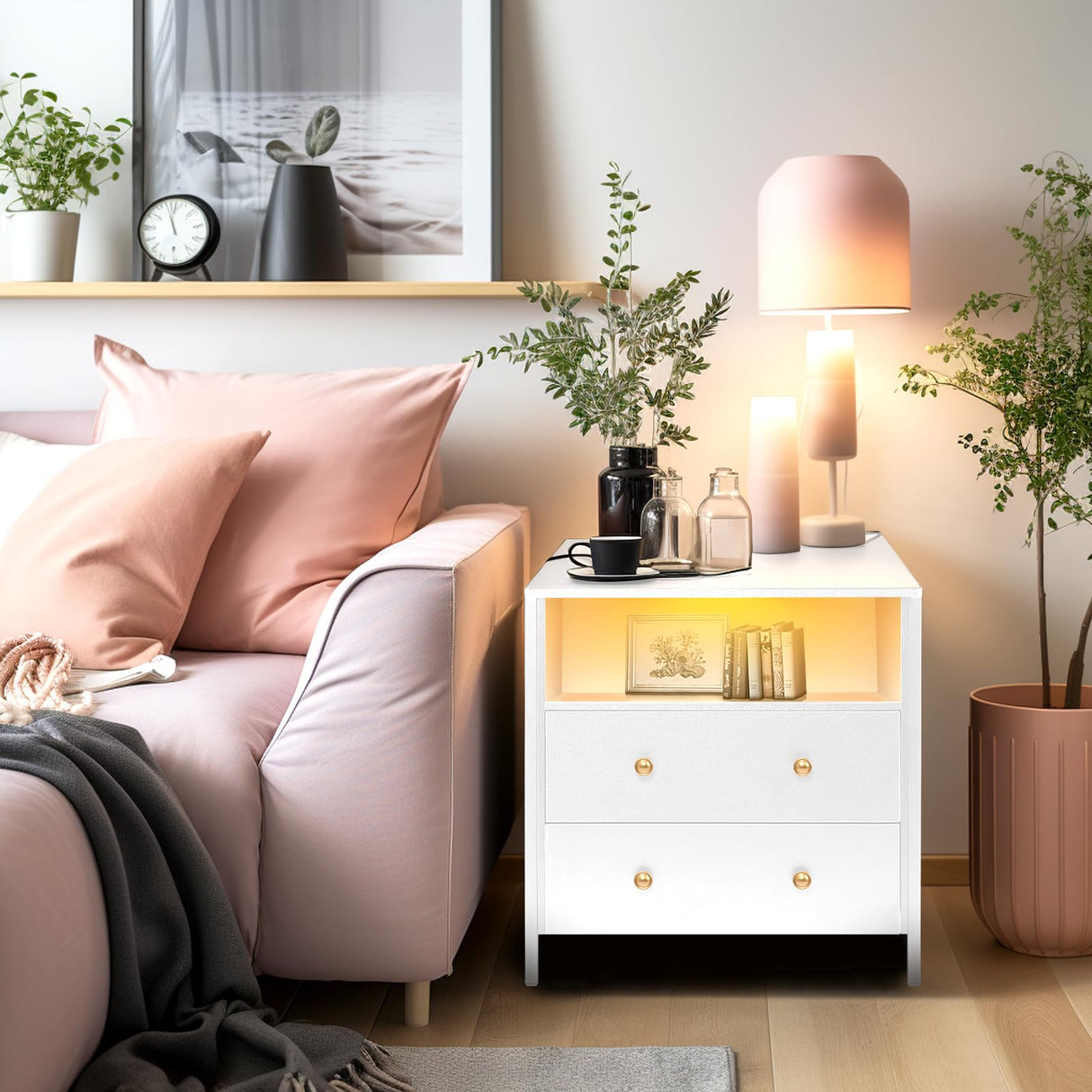 Tykacna 27 Inch Wide Night Stand, Wooden Night Stand with 2 Drawers, LED Nightstands with Charging Station and Adjustable Drawer for Living Room/Bedroom/Study/Office Nightstand, White. Tykacna