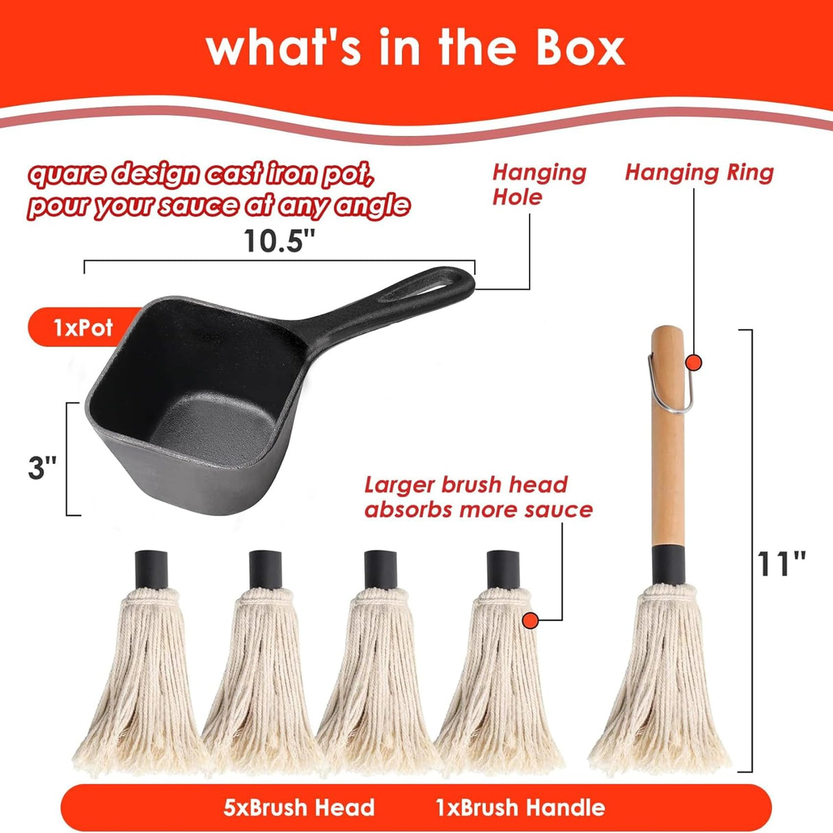 SafBbcue Cast Iron BBQ Sauce Pot and Mop Brush Set,Barbecue Cooking Accessories Heat Preservation Heavy Basting Pot & Mop with 4Pcs Heads for Big Green Egg Grill Grilling,Heavy Pot Gifts for Griller SafBbcue