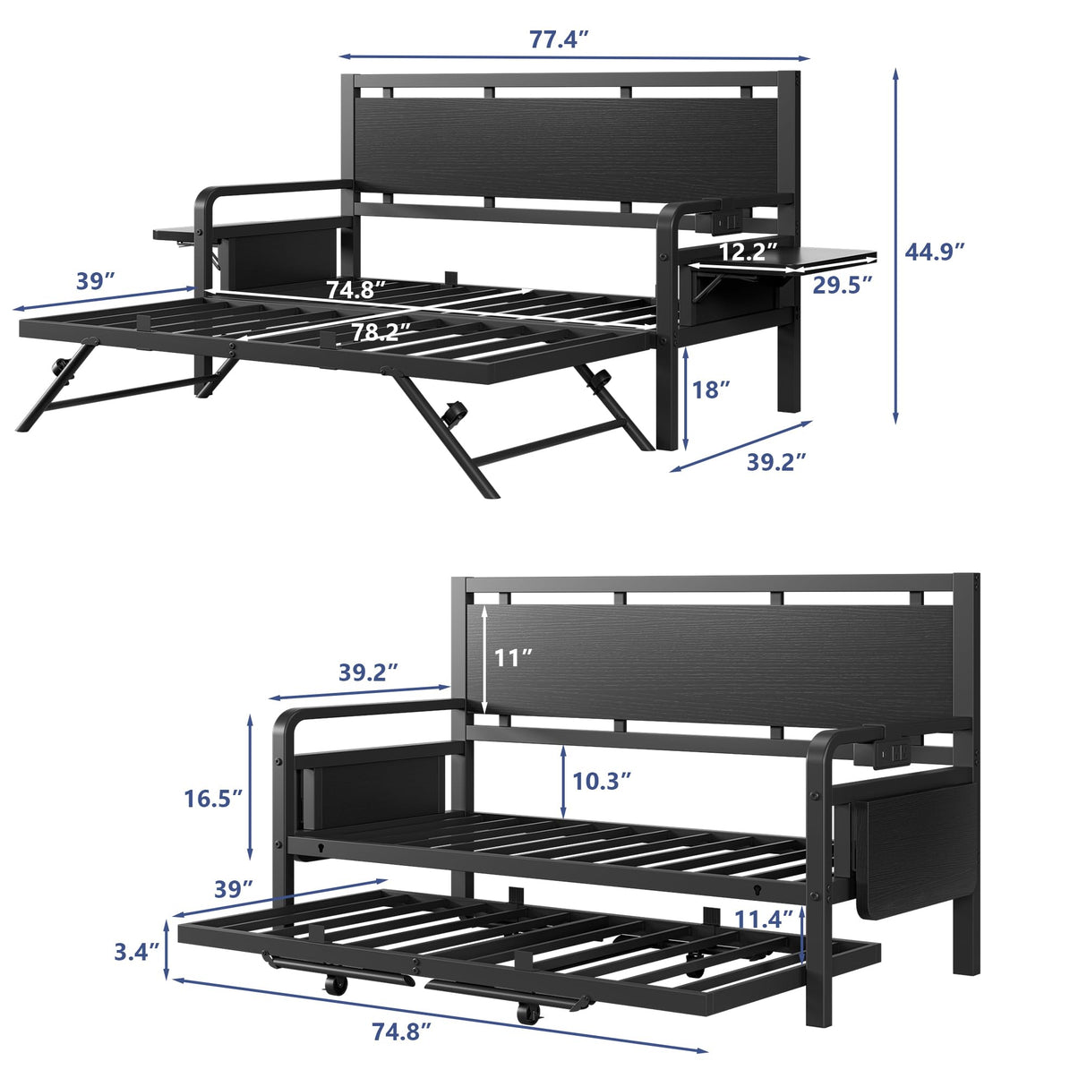 Jocoevol Daybed with Trundle and LED Light, Heavy Duty Metal Twin Bed Frame with Movable Charging Station, Day Bed Pop Up Trundle Bed Twin for Living Room, Bedroom and Guest Room, Black Jocoevol