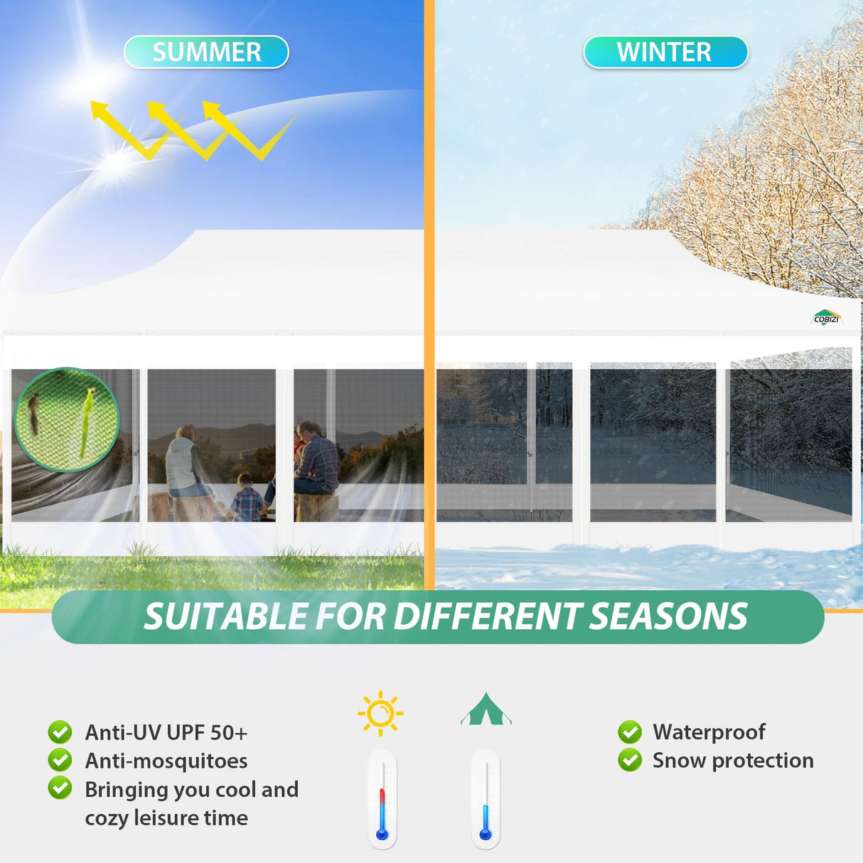 COBIZI 10x30 Pop up Canopy Tent with Sidewalls, Heavy Duty Easy Set up Outdoor Canopy with Mosquito Net Pop up Screen Tent for Parties, Screened in Canopy with Net for Backyard with Roller Bag, White COBIZI