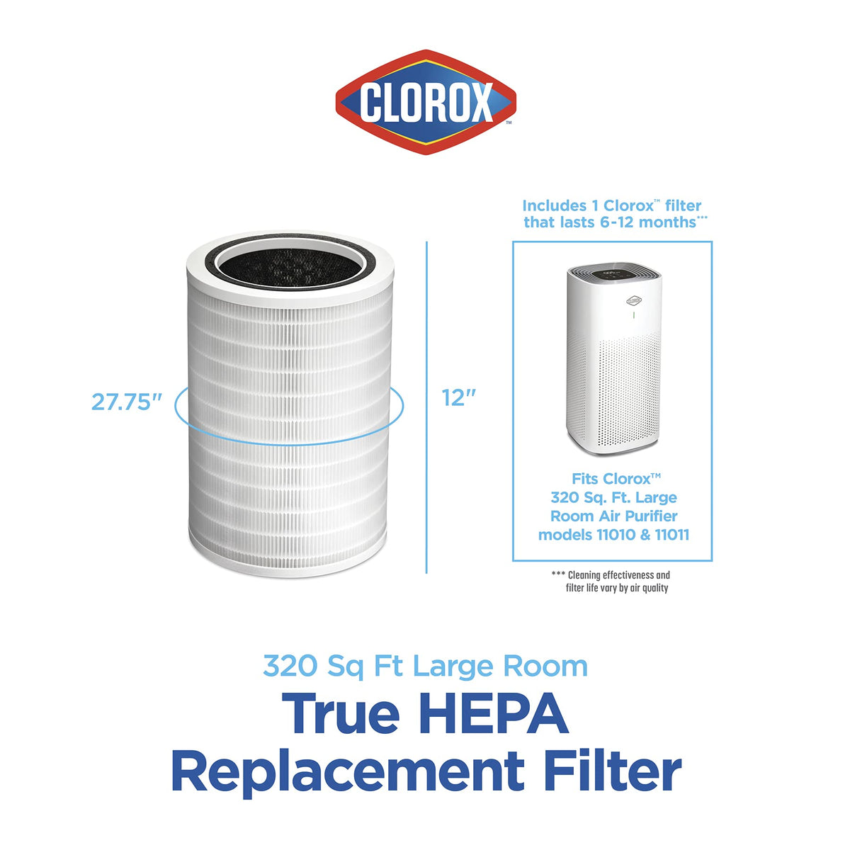 Clorox Large Room Air Purifier True HEPA Replacement Filter, 1,500 Sq. Ft. Capacity, Removes 99.97% of Allergens up to 0.1 Micron, Compatible with 11010 & 11011, 1 Count (12010) Clorox Home Appliances