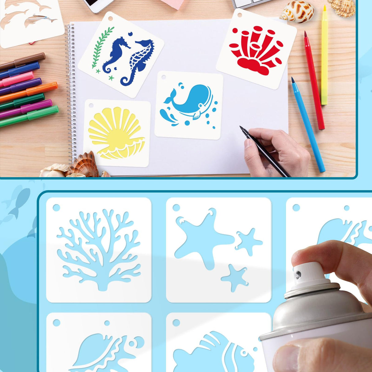 JULMELON Sea Life Stencils - 20pcs DIY Pattern Stencils for Wall, Floor Decor & Rock Painting Art Projects (3inch) JULMELON