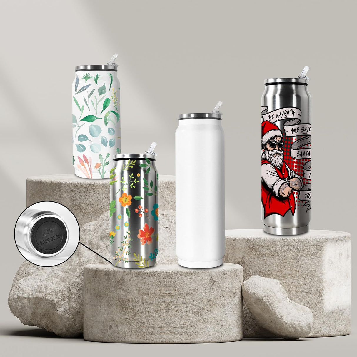 AGH 4Pack Sublimation Tumblers Blanks Cans, 12 oz Stainless Steel Sublimation Cola Tumbler Cups with Lid & Straw, Double Walled Vacuum Insulation Sublimation Car Cup (White) AGH