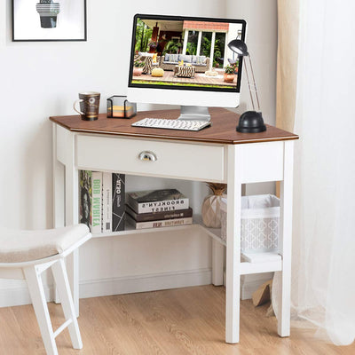 IFANNY Corner Desk, Triangle Desk with Drawers and Shelves, Wood Corner Console Table, Vanity Table with Storage, Corner Writing Desk, Small Corner Desks for Small Spaces (Natural & White)