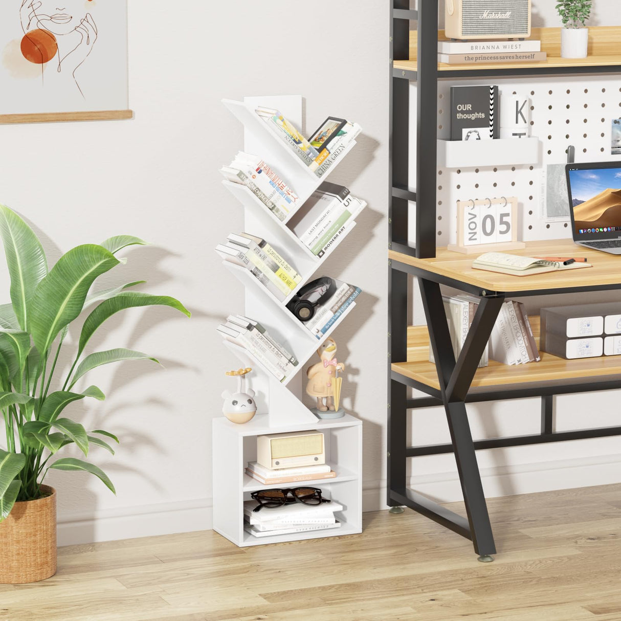 SHEEPAM 10 Tier Tree Bookshelf,Floor Standing Wood Tall Bookcase for Narrow Space, Storage Organizer Bookshelves for Books, Book Case for CDs/Movies/Books,Home Office,Living Room, Bedroom SHEEPAM