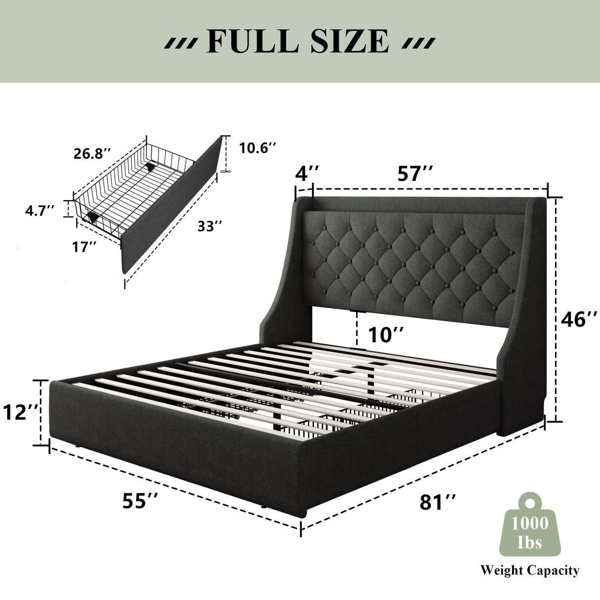Feonase Upholstered Full Size Bed Frame with 4 Storage Drawers, Charging Station, Tufted Wingback Storage Headboard, No Box Spring Needed, Easy Assembly, Dark Grey Feonase
