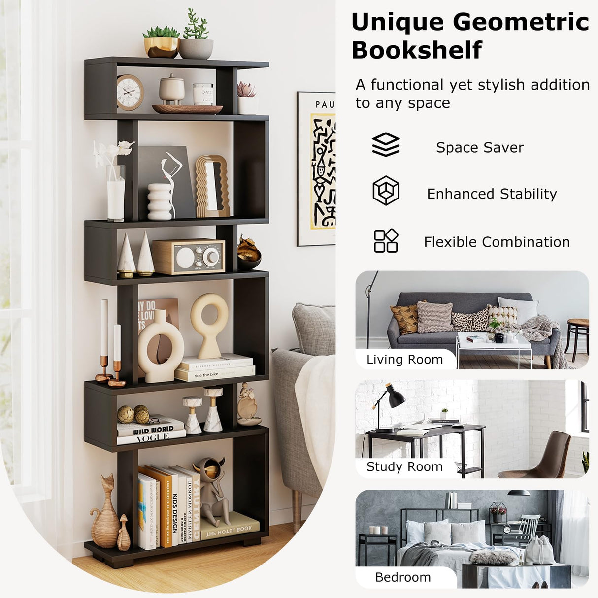 Tangkula 6-Tier S Shaped Bookcase, 64" Tall Modern Geometric Bookshelf with Anti-Tipping Kit, Home Office Freestanding Decorative Storage Display Shelf Room Divider for Living Room Study (1, Black) Tangkula