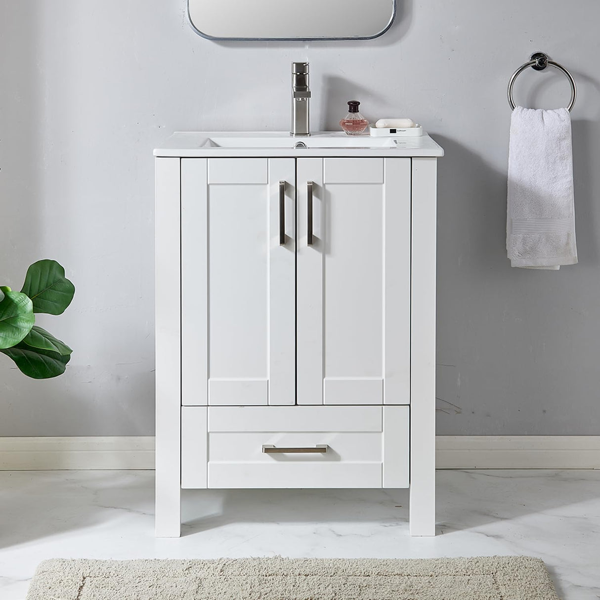 24 Inch Bathroom Vanity, Small Bathroom Sink Cabinet, Vanity Cabinet with Rectangular Ceramic Basin, White Modern Farmhouse Bathroom Sink Vanities Set, Bathroom Vanity Combo with 1 Drawer and 2 Doors Wenore Home