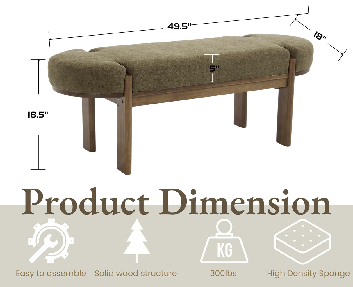 EALSON 49 Inch Modern Bedroom Bench Upholstered End of Bed Bench Wood Entryway Bench with Fabric Padded Seat and Wooden Legs Window Bench for Living Room Hallway, Olive Green EALSON