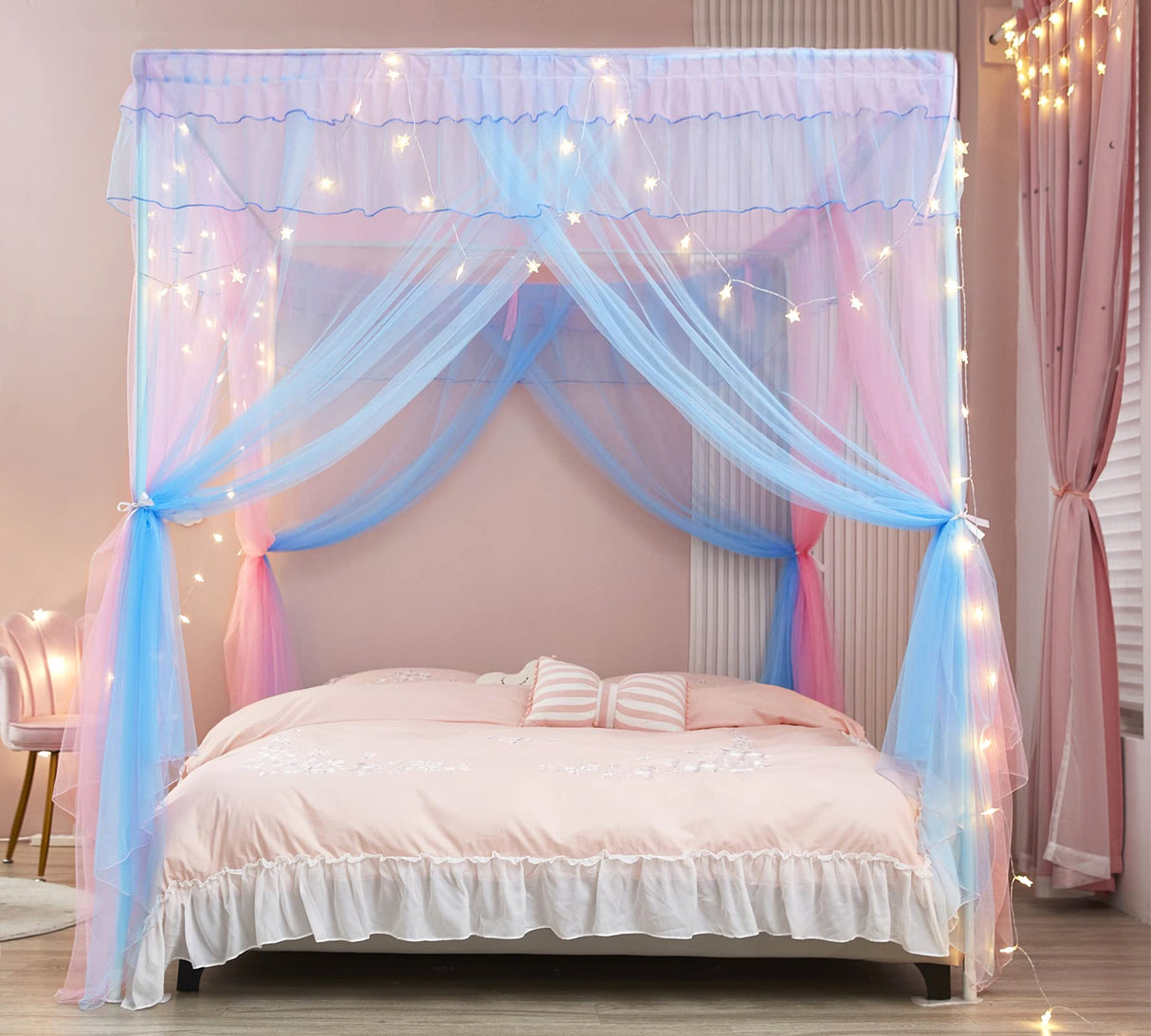 Mengersi Rainbow Canopy Bed Curtains with Lights - Princess Bed Canopy for Girls - Bed Drapes Netting- Bedroom Decoration Accessories,Twin Mengersi