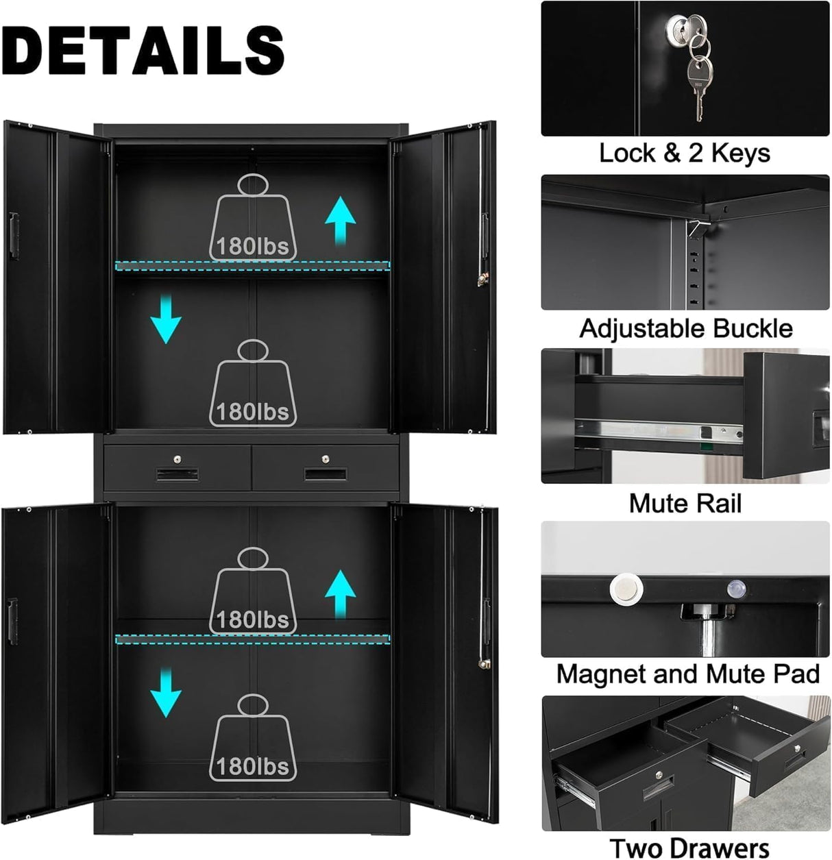 KOKEBREN 73'' Metal Storage Cabinet, Heavy Duty Storage with Wheels, Locking Doors and 2 Drawers, Adjustable Shelves for Garage, Workshop, Office, Black KOKEBREN