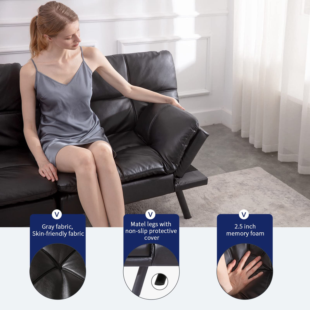 Opoiar SF-BK726 Sofabed, 71 x 33 x 31.5 inches, Black Leather Erdoru