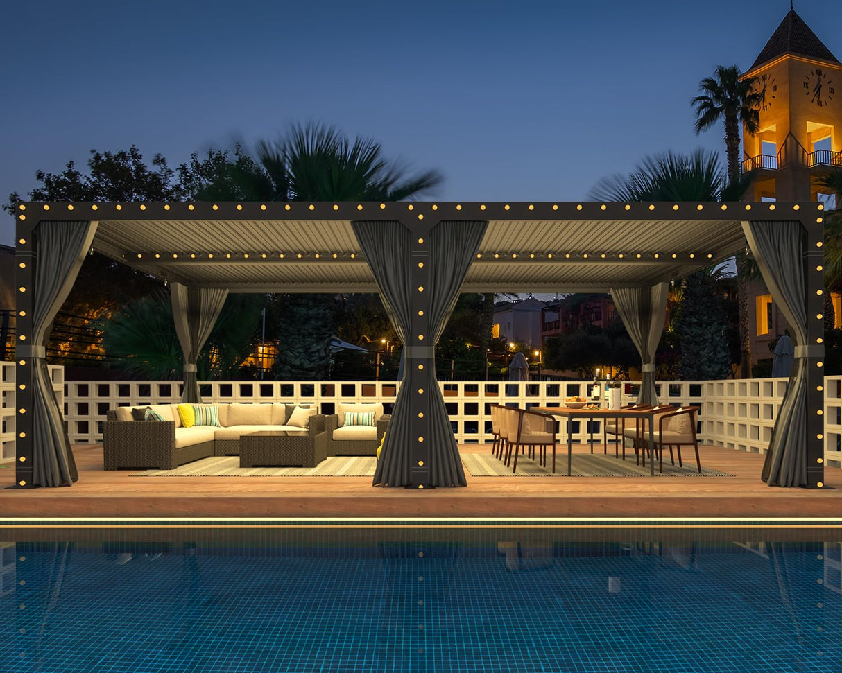 MELLCOM Louvered Pergola 12x24, Aluminum Pergola with Adjustable Louvered Roof, Outdoor Pergola with Waterproof Curtains and Nets, Dark Grey MELLCOM