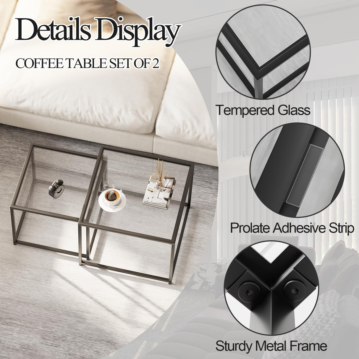 Nesting Coffee Table Set of 2, Glass Coffee Tables with LED Lights, Modern Center Table, Square Living Room Side End Tables, Coffee Table for Home, Office, Bedroom, Easy Assembly, 26.4 in, Black Adompacat