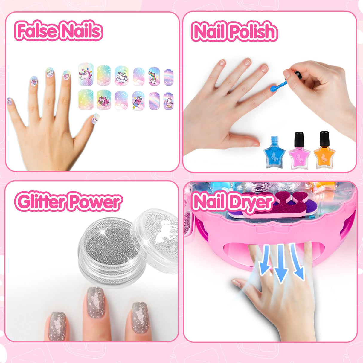 Kids Nail Polish Set for Girls, All-in-One Nail Art Make Up Kit -Dryer/ Glitter Powder/ False Nails/ Toe Separator/ File/ Lipsticks/ Eyeshadow,Washable Makeup Toys Age 3-12 Little Girl Birthday Gift AugToy