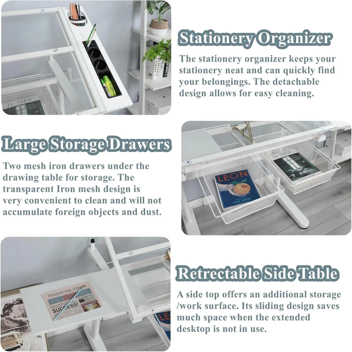 ZephyPaws Glass Drafting Table and Stool Set, Upgraded Hand Crank Adjustable Height Drawing Table Artist Desk with 2 Storage Drawers for Home Office (White) ZephyPaws