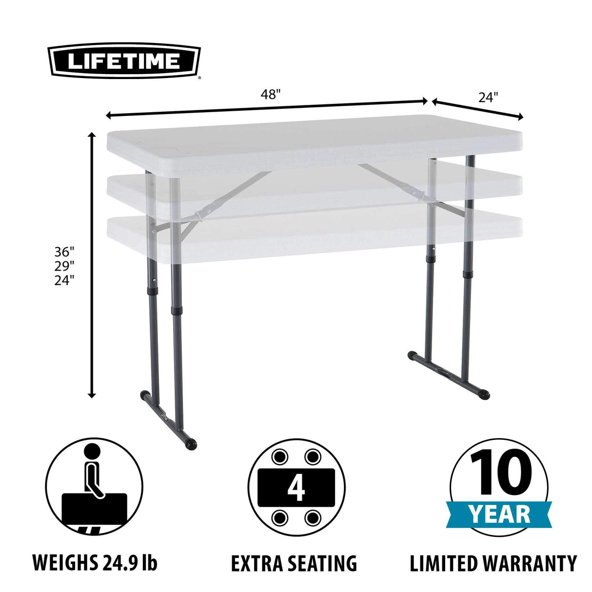 Lifetime Commercial Height Adjustable Folding Utility Table, 4-Foot Lifetime
