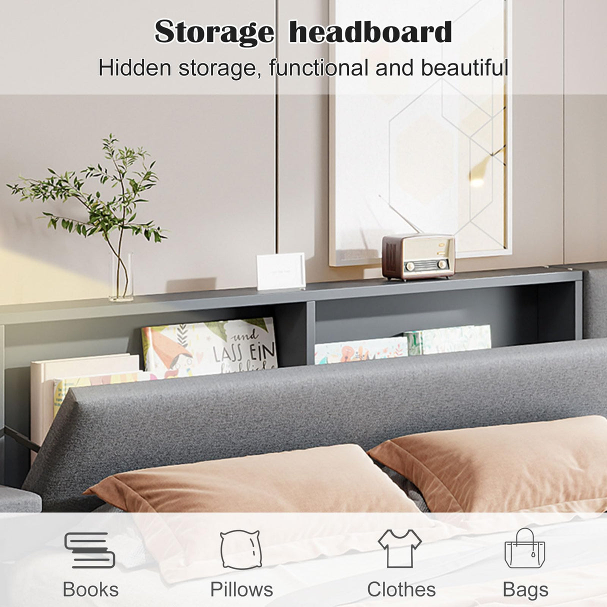 Luxury Queen Bed Frame,Queen Size Trundle Bed Frame with 2 Storage Drawers,Reading Lights, Storage Headboard,Storages Rack,Queen Size Linen Upholstered Platform Bed for Bedroom (Gray, Queen) Firscook