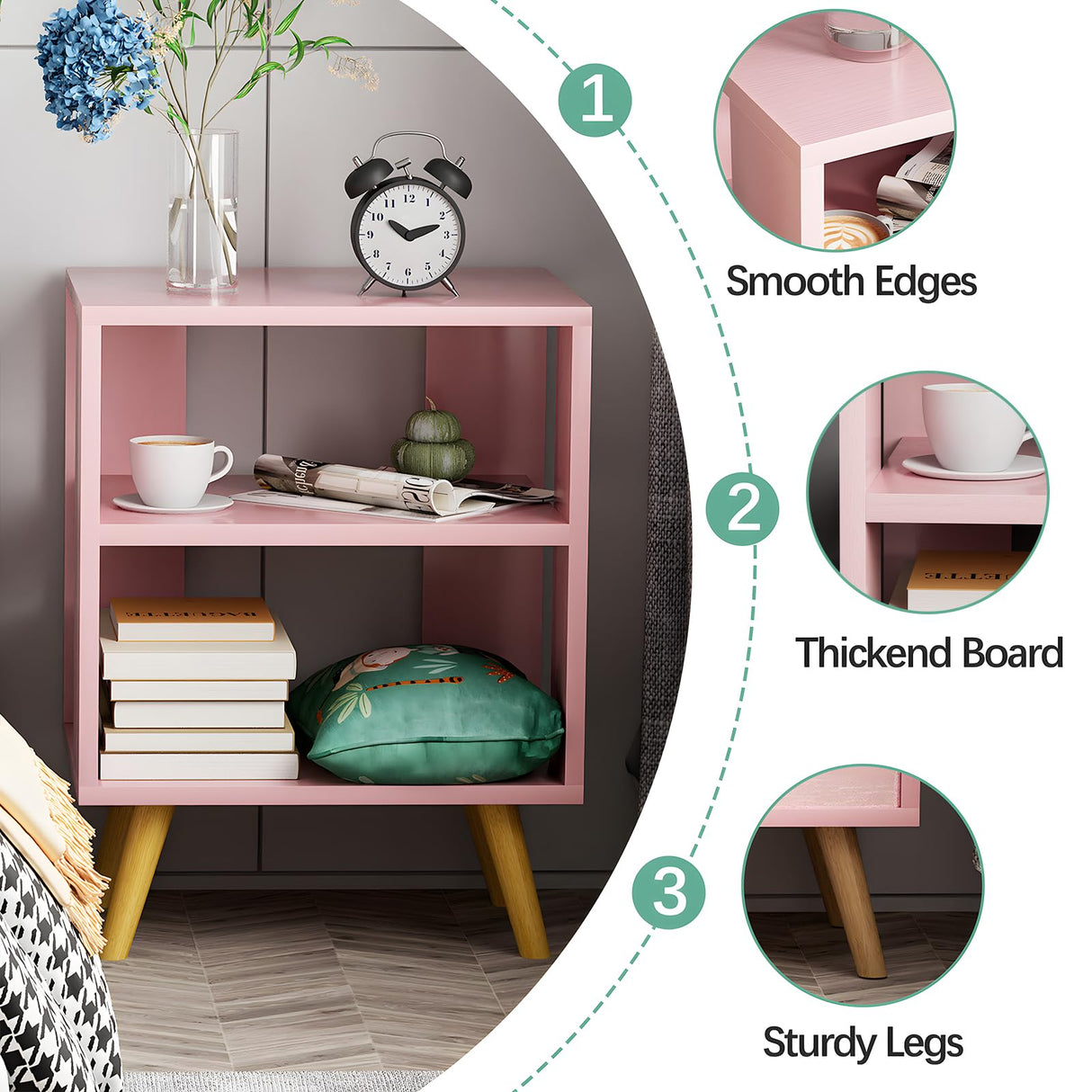 Aenuert Night Stand, Pink Kids Nightstand, Modern End Table with Open Storage, 2-Tier Nursery Bedside Table for Small Space, Living Room, Bedroom Aenuert