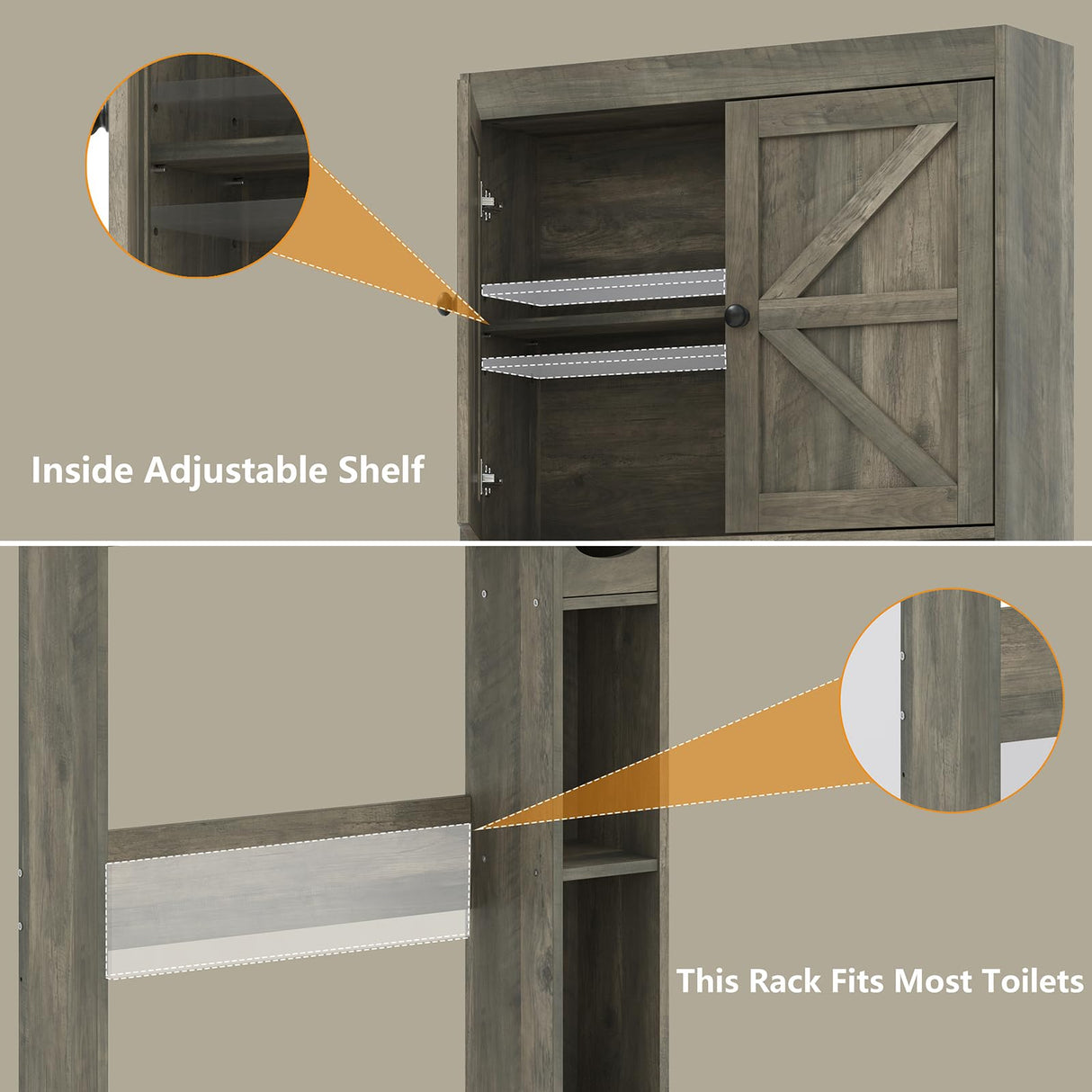 furomate 32.3''W Over The Toilet Storage Cabinet with Barn Doors, Over Toilet Shelf Farmhouse Storage Cabinet Space Saver with Toilet Paper Holder & Adjustable Bottom Bar, Gray Furnideco