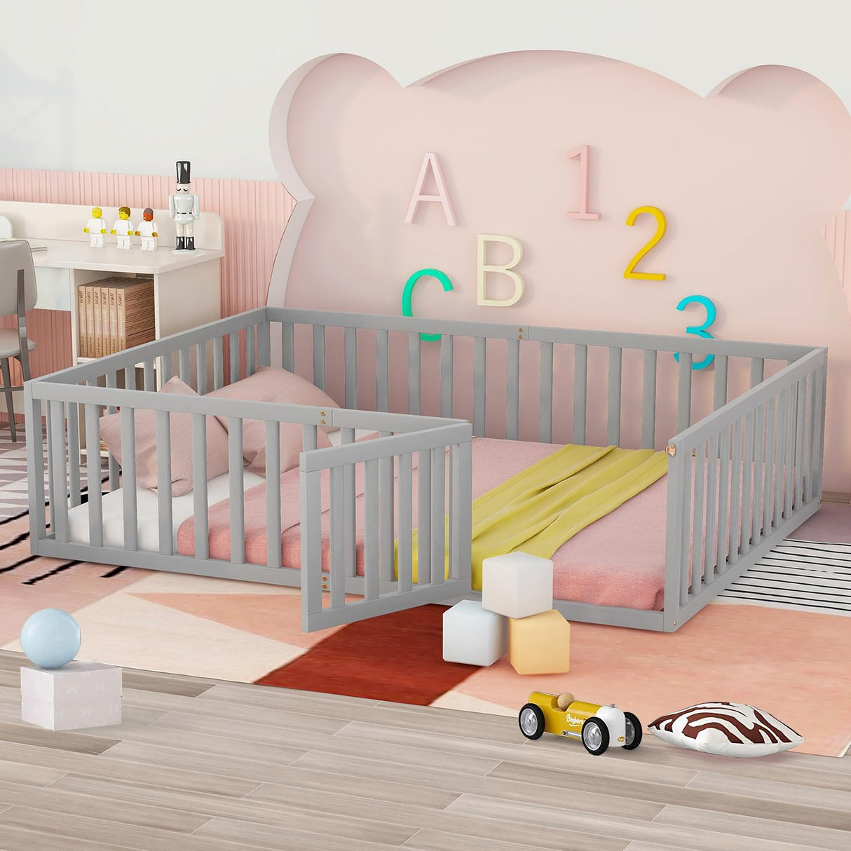 Solid Wood Montessori Floor Bed for Kids with Fun Door Design & Safety Guardrails - Easy Assembly in Gray LLS