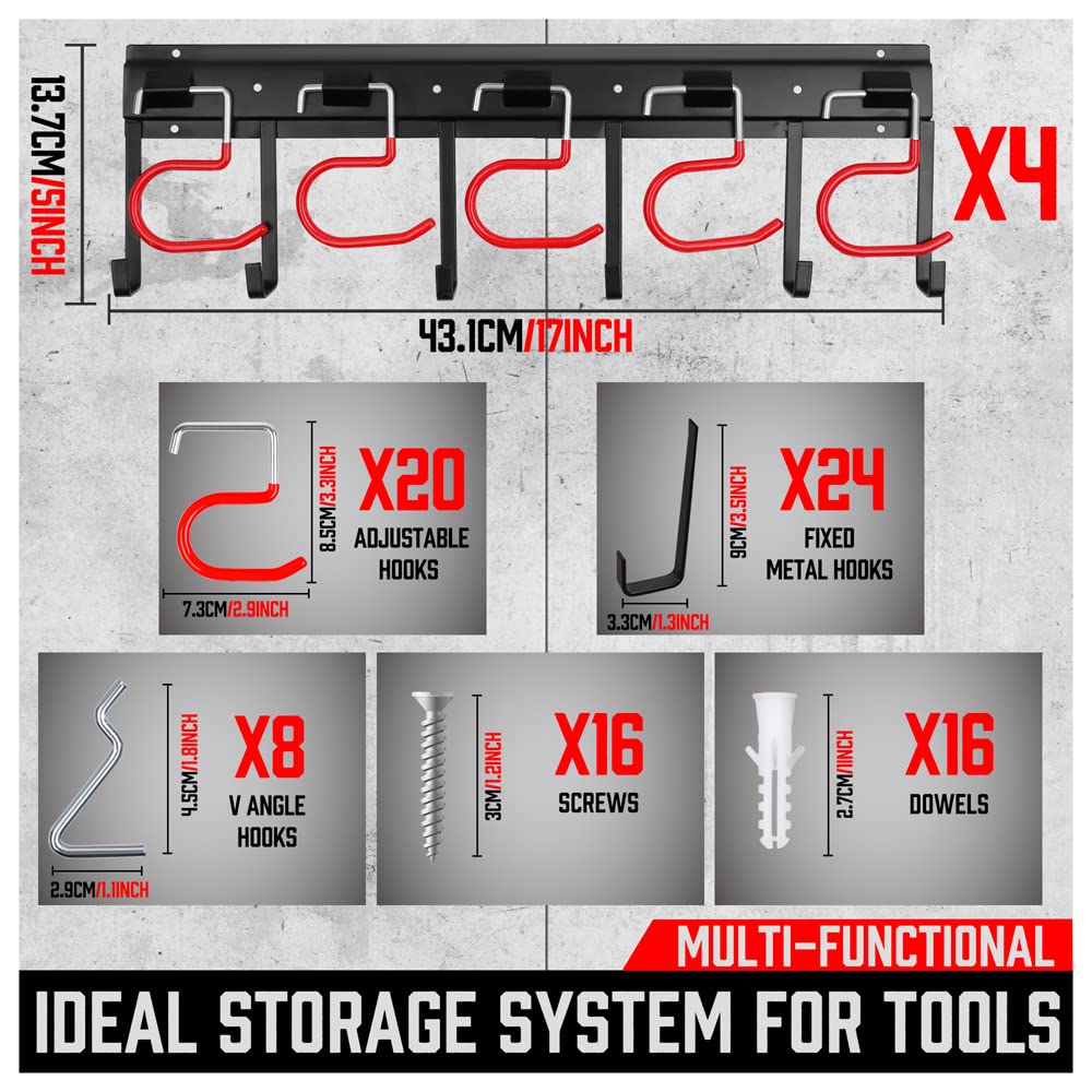 68" All Metal Garden Tool Organizer - Sturdy Garage Wall & Shed Organization System - Hooks for Shovel, Broom, Rake & More SEDY